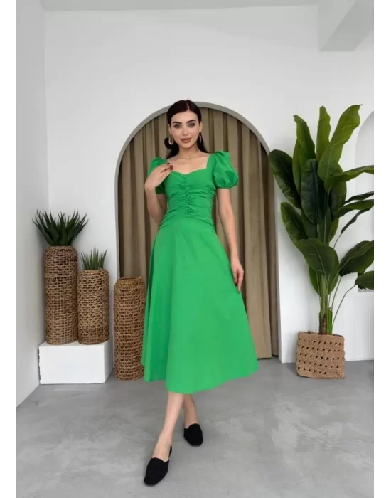 Kare Yaka Düğmeli Elbise