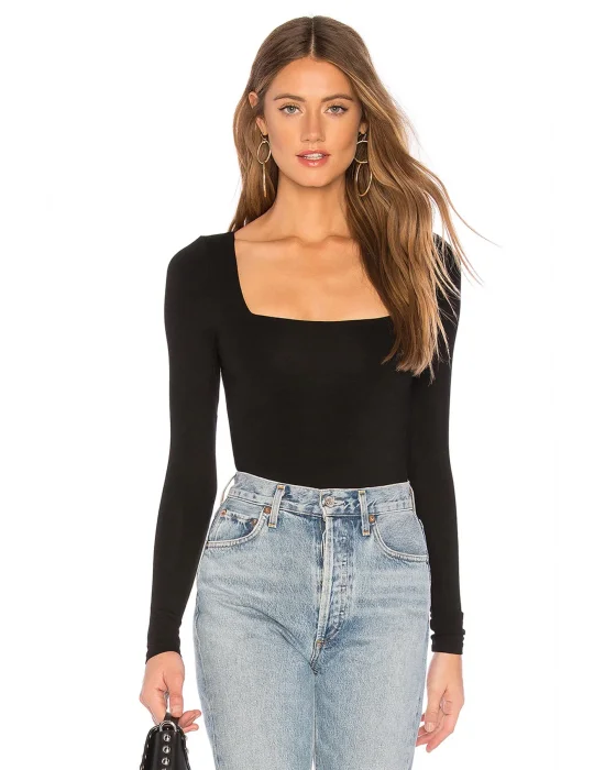 Kare Yaka İpek Jarse Bodysuit