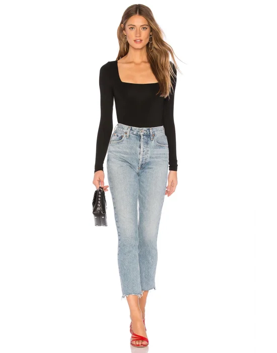 Kare Yaka İpek Jarse Bodysuit