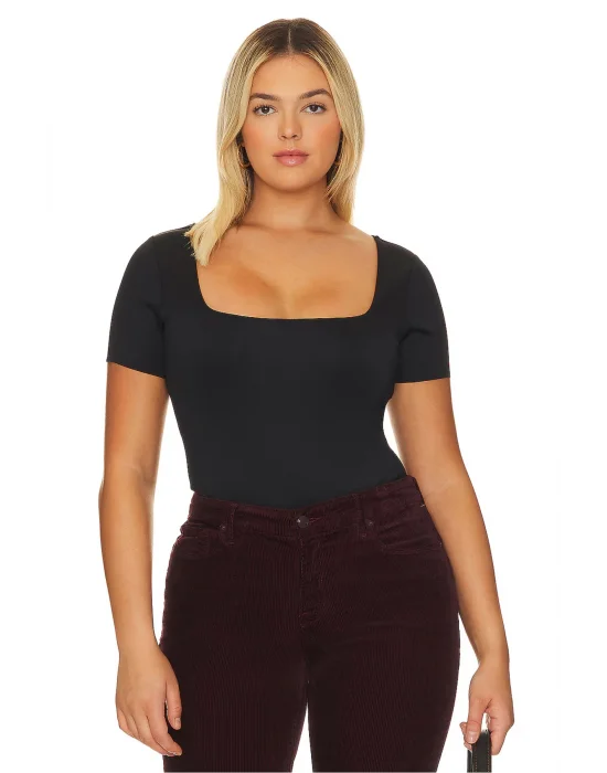 MetuCa Kadın Siyah Kare Yaka Kısa Kollu İpek Jarse Kumaş Tanga Kesim Bodysuit Zıbın