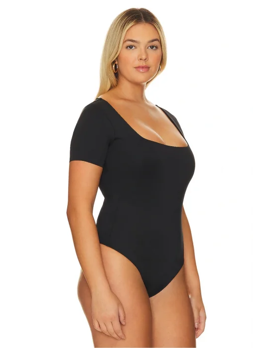 MetuCa Kadın Siyah Kare Yaka Kısa Kollu İpek Jarse Kumaş Tanga Kesim Bodysuit Zıbın