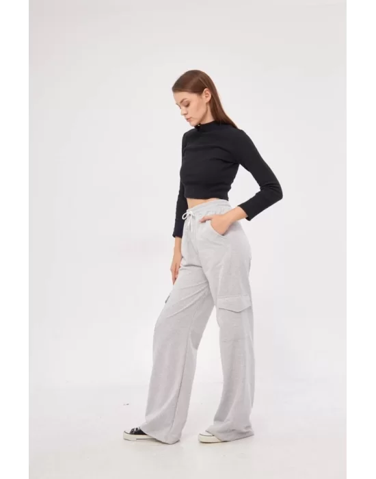Kargo Cepli Palazzo Oversize Kesim İki Iplik Bol Paça Eşofman Altı Pantalon - Gri