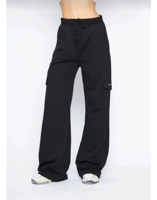 Kargo Cepli Palazzo Oversize Kesim İki Iplik Bol Paça Eşofman Altı Pantalon - Siyah