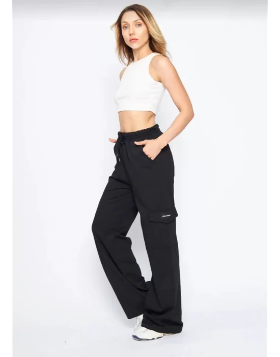 Kargo Cepli Palazzo Oversize Kesim İki Iplik Bol Paça Eşofman Altı Pantalon - Siyah