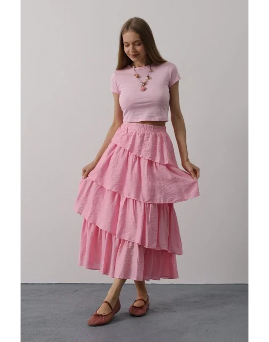 Katlı Kesim Uzun Etek - Pembe
