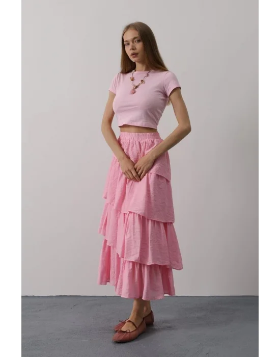 Katlı Kesim Uzun Etek - Pembe