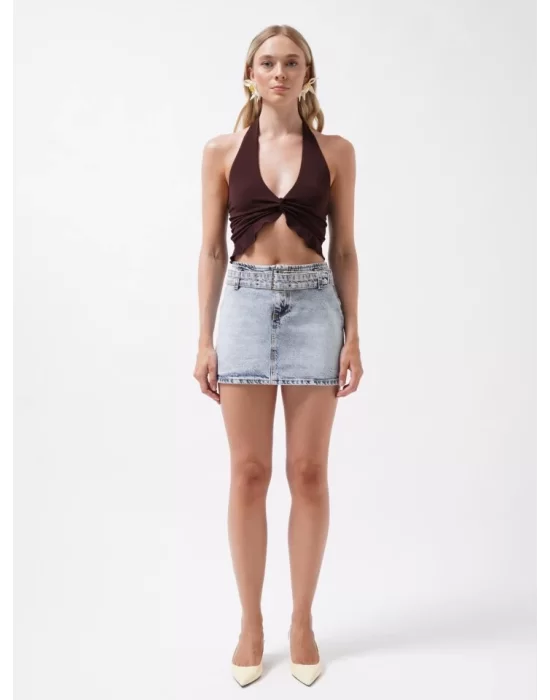 Kemer Detay Denim Mini Etek