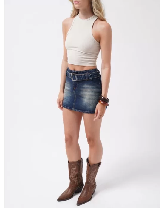 Kemer Detay Denim Mini Etek