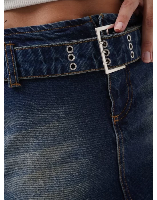 Kemer Detay Denim Mini Etek