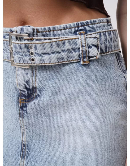 Kemer Detay Denim Mini Etek