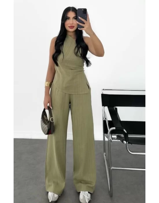 Keten Asimetrik Tek Omuzlu Bluz Pantalon Takım- Su Yeşili