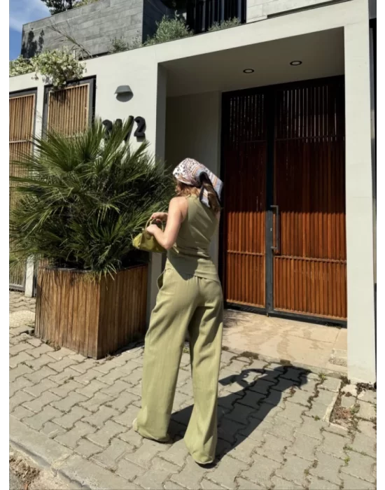 Keten Asimetrik Tek Omuzlu Bluz Pantalon Takım- Su Yeşili
