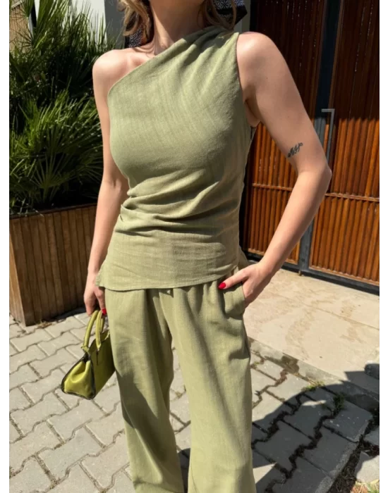 Keten Asimetrik Tek Omuzlu Bluz Pantalon Takım- Su Yeşili