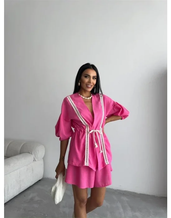 KETEN BEL BÜZGÜLÜ BLUZ-PANTOLON TAKIM - Fuşya
