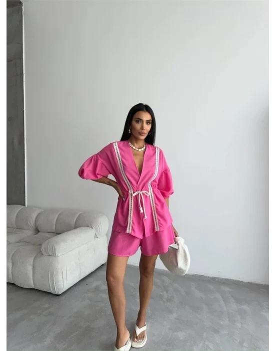 KETEN BEL BÜZGÜLÜ BLUZ-PANTOLON TAKIM - Fuşya