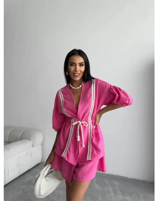 KETEN BEL BÜZGÜLÜ BLUZ-PANTOLON TAKIM - Fuşya