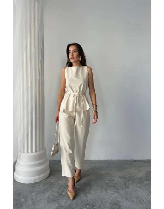 KETEN BLUZ - PANTOLON TAKIM MASSİMO MODELSCREAT KUMAŞ - Bej