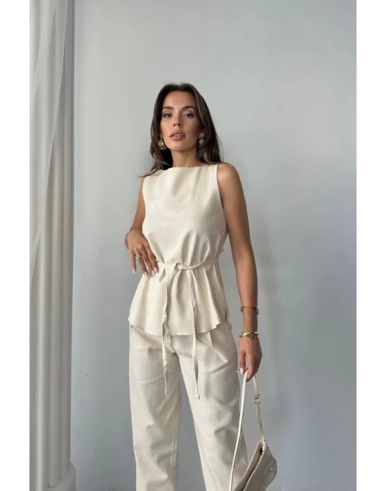 KETEN BLUZ - PANTOLON TAKIM MASSİMO MODELSCREAT KUMAŞ - Bej