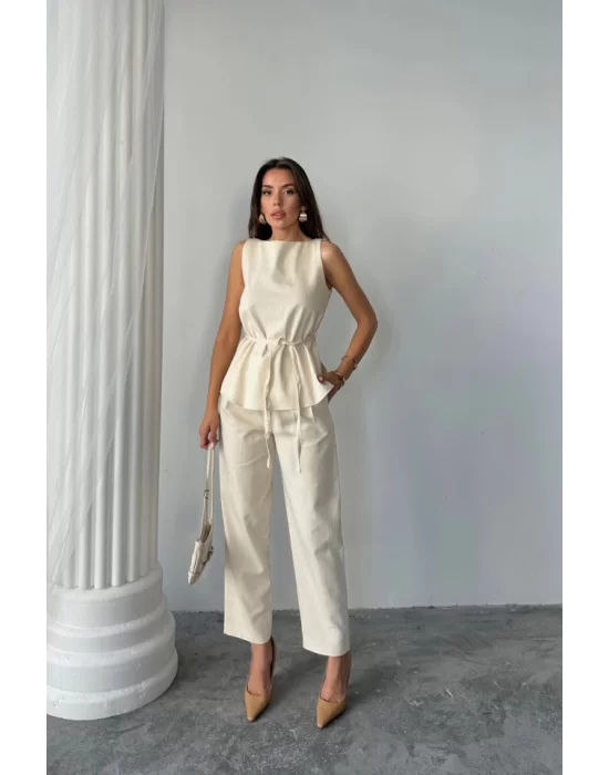 KETEN BLUZ - PANTOLON TAKIM MASSİMO MODELSCREAT KUMAŞ - Bej
