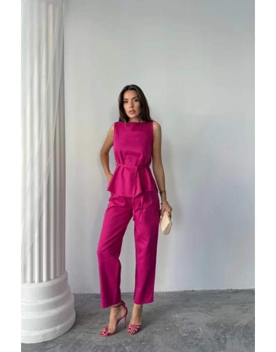 KETEN BLUZ - PANTOLON TAKIM MASSİMO MODELSCREAT KUMAŞ - Fuşya