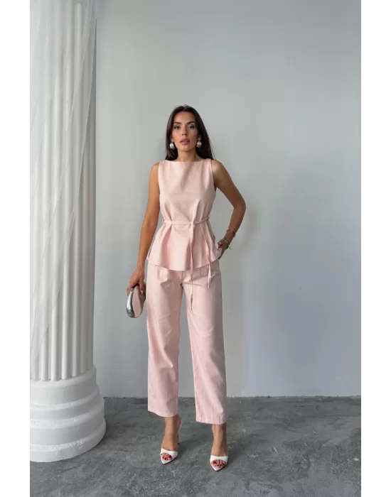 KETEN BLUZ - PANTOLON TAKIM MASSİMO MODELSCREAT KUMAŞ - Pudra