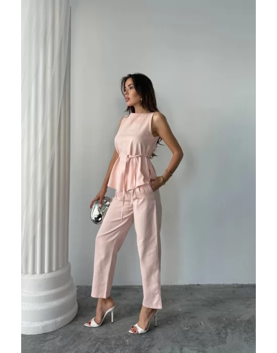 KETEN BLUZ - PANTOLON TAKIM MASSİMO MODELSCREAT KUMAŞ - Pudra