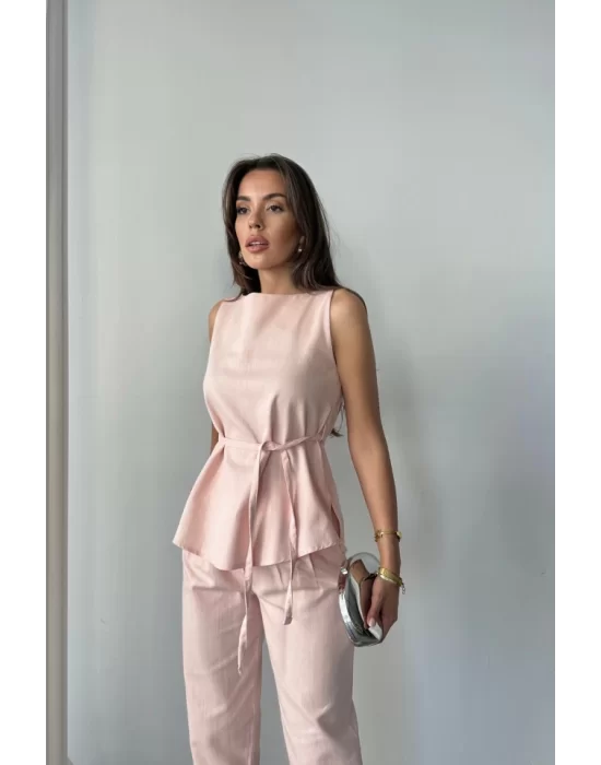 KETEN BLUZ - PANTOLON TAKIM MASSİMO MODELSCREAT KUMAŞ - Pudra