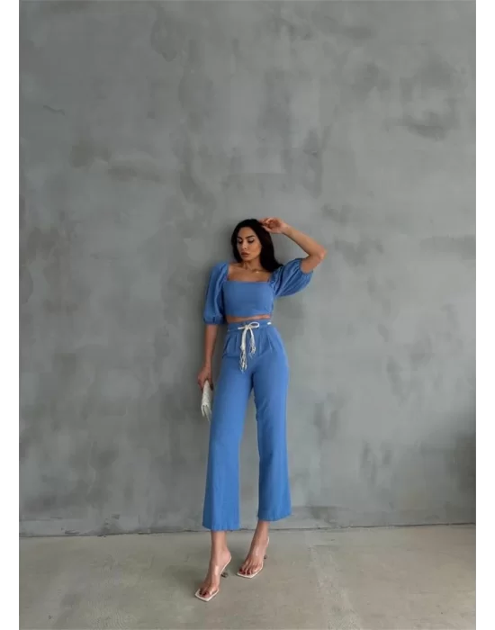 KETEN CROP KARPUZ KOL BLUZ-PANTOLON HASIR KEMERLİ - Mavi
