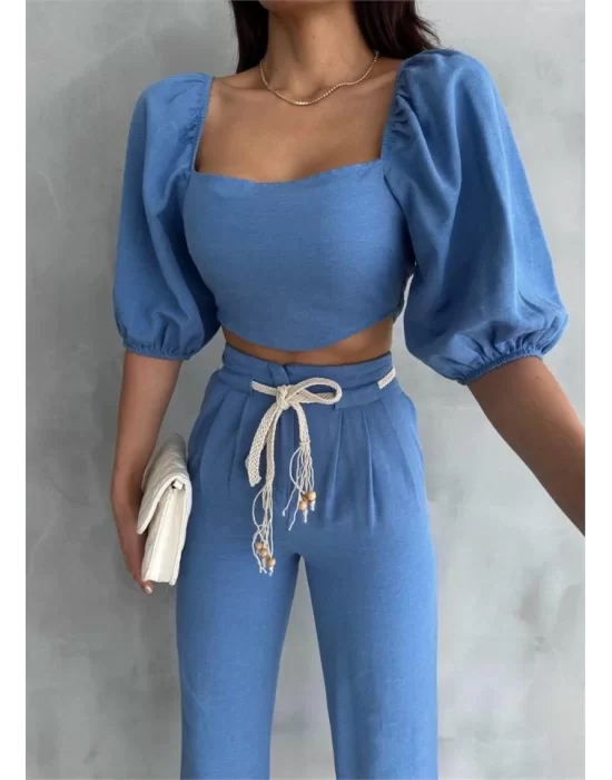 KETEN CROP KARPUZ KOL BLUZ-PANTOLON HASIR KEMERLİ - Mavi