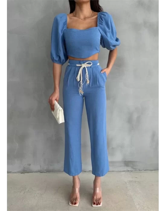 KETEN CROP KARPUZ KOL BLUZ-PANTOLON HASIR KEMERLİ - Mavi