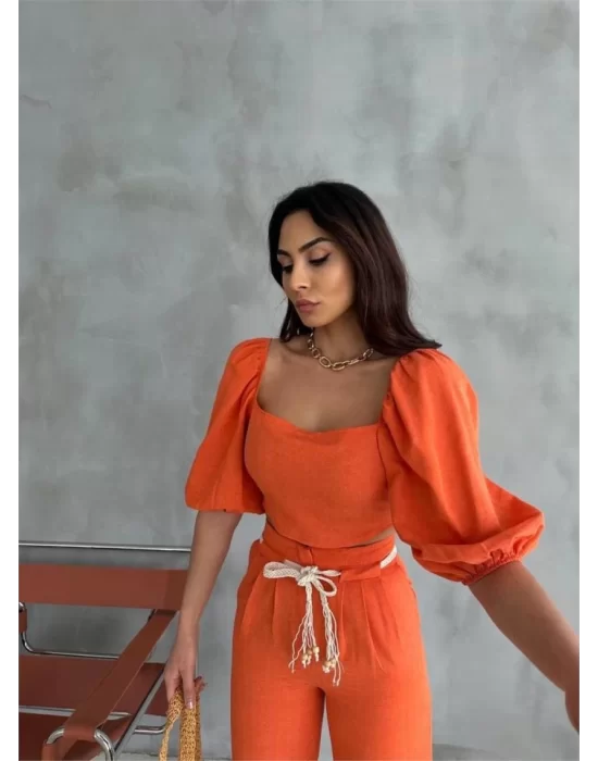 KETEN CROP KARPUZ KOL BLUZ-PANTOLON HASIR KEMERLİ - Orange