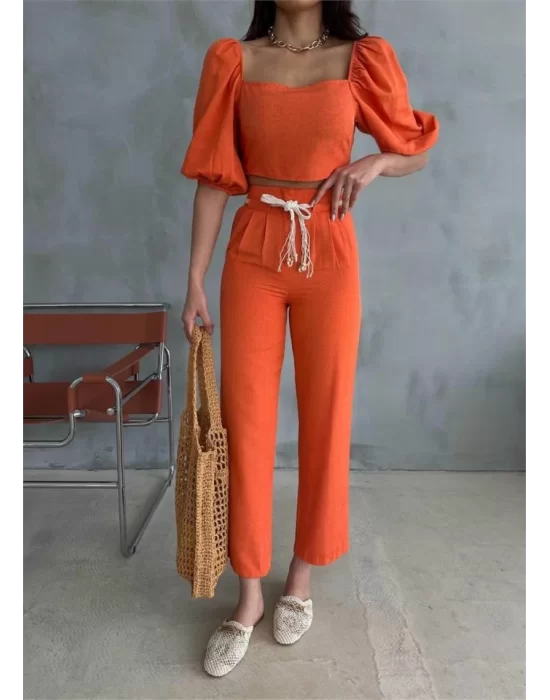 KETEN CROP KARPUZ KOL BLUZ-PANTOLON HASIR KEMERLİ - Orange