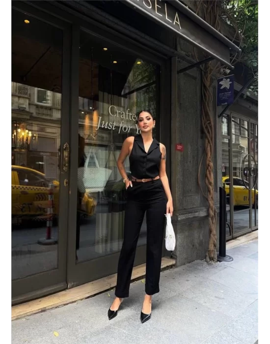 KETEN DUBLE PAÇA DERİ TABA KEMERLİ PANTOLON - Siyah