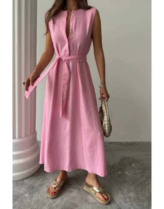 KETEN ELBİSE KOLSUZ BEL BAĞLAMALI MAXİ ELBİSE - Pembe