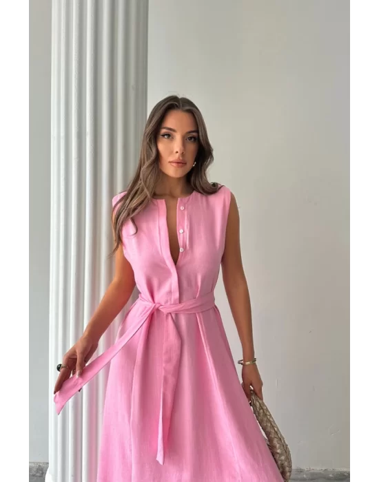 KETEN ELBİSE KOLSUZ BEL BAĞLAMALI MAXİ ELBİSE - Pembe