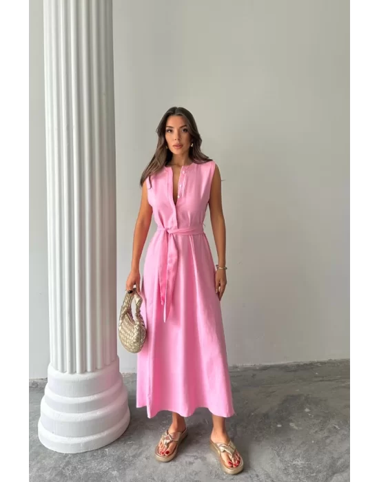 KETEN ELBİSE KOLSUZ BEL BAĞLAMALI MAXİ ELBİSE - Pembe