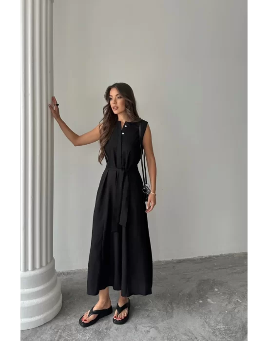 KETEN ELBİSE KOLSUZ BEL BAĞLAMALI MAXİ ELBİSE - Siyah