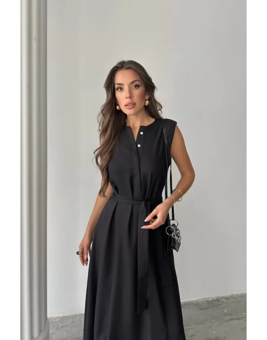 KETEN ELBİSE KOLSUZ BEL BAĞLAMALI MAXİ ELBİSE - Siyah