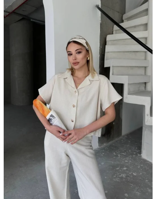 Keten Kısa Kollu Gömlek Pantolon Ikili Takım - Beyaz