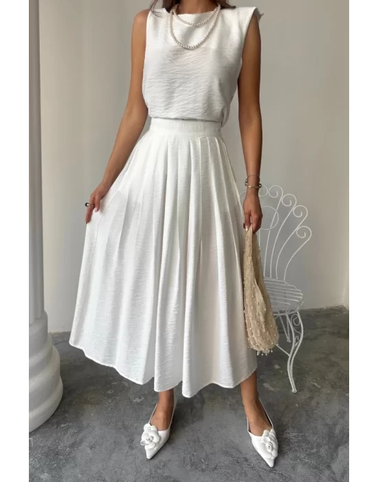 KETEN KOLSUZ BLUZ - MAXİ ETEK TAKIM - Beyaz
