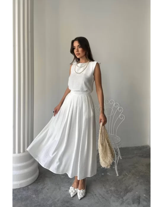 KETEN KOLSUZ BLUZ - MAXİ ETEK TAKIM - Beyaz