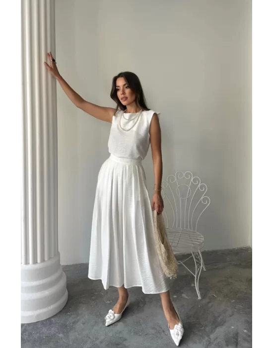 KETEN KOLSUZ BLUZ - MAXİ ETEK TAKIM - Beyaz