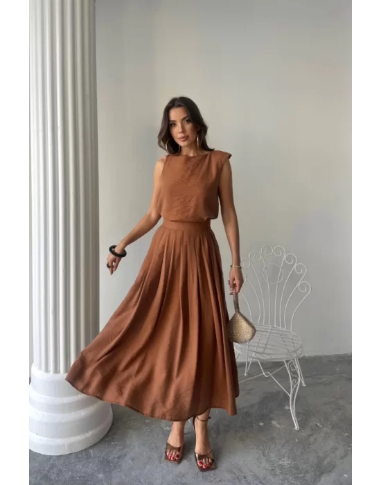 KETEN KOLSUZ BLUZ - MAXİ ETEK TAKIM - Kahverengi