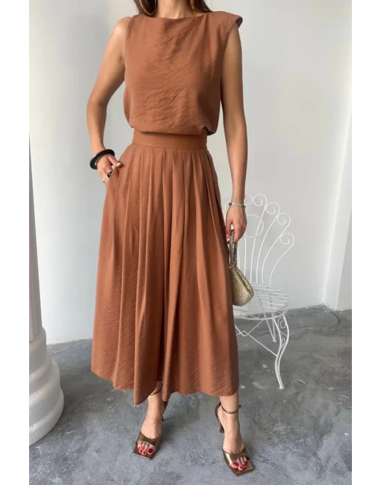 KETEN KOLSUZ BLUZ - MAXİ ETEK TAKIM - Kahverengi
