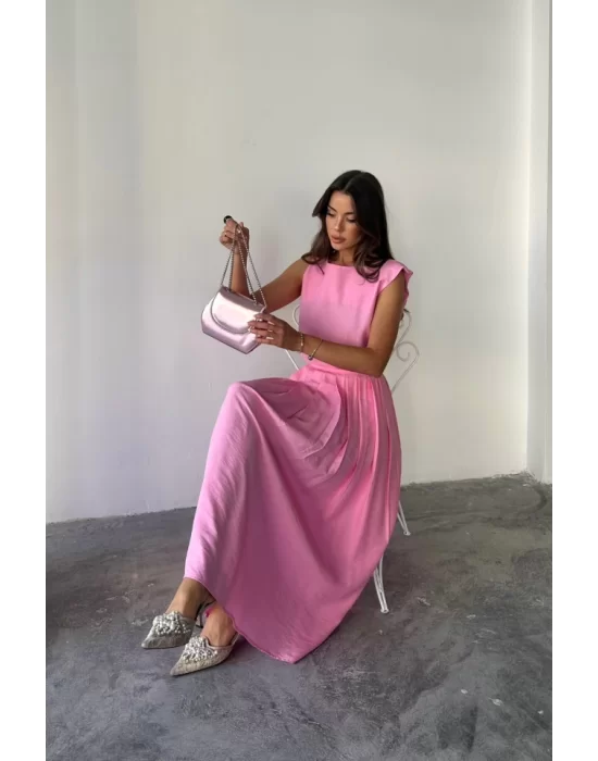 KETEN KOLSUZ BLUZ - MAXİ ETEK TAKIM - Pembe