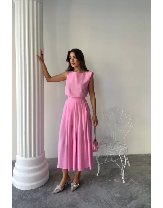 KETEN KOLSUZ BLUZ - MAXİ ETEK TAKIM - Pembe