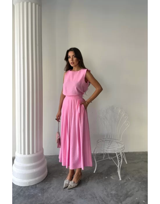 KETEN KOLSUZ BLUZ - MAXİ ETEK TAKIM - Pembe