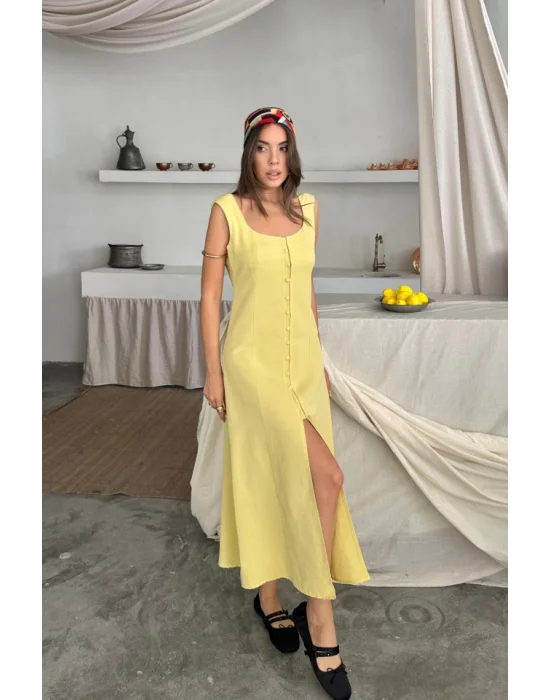 KETEN KOLSUZ KARE YAKA DÜĞME DETAYLI ELBİSE - Sarı