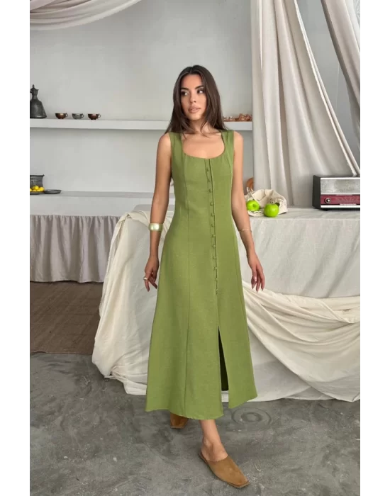 KETEN KOLSUZ KARE YAKA DÜĞME DETAYLI ELBİSE - Yağ Yeşili