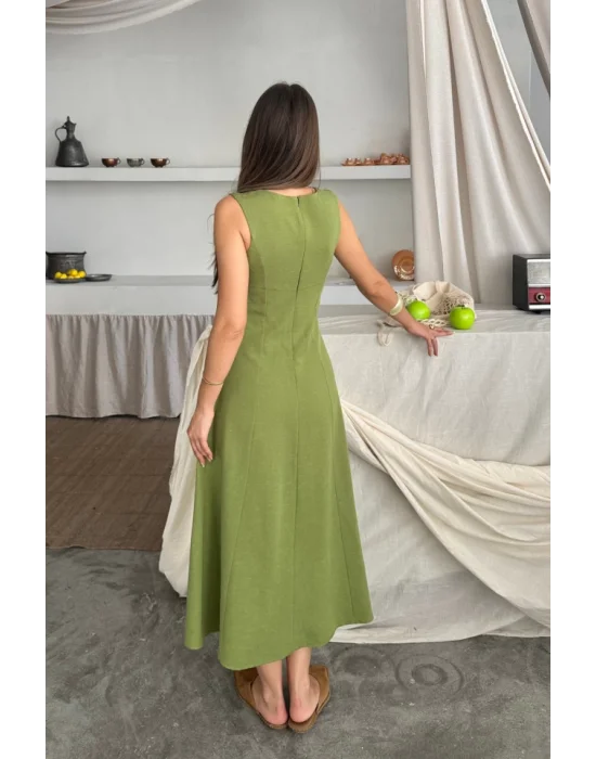 KETEN KOLSUZ KARE YAKA DÜĞME DETAYLI ELBİSE - Yağ Yeşili
